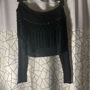 Fringe off shoulder crop sweater